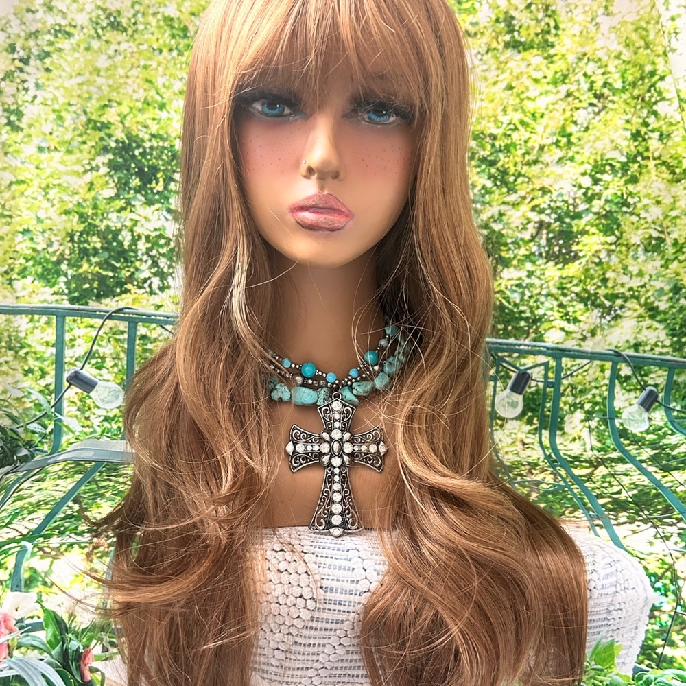 Brown Natural Long Wavy Body with Bangs Layered Wig